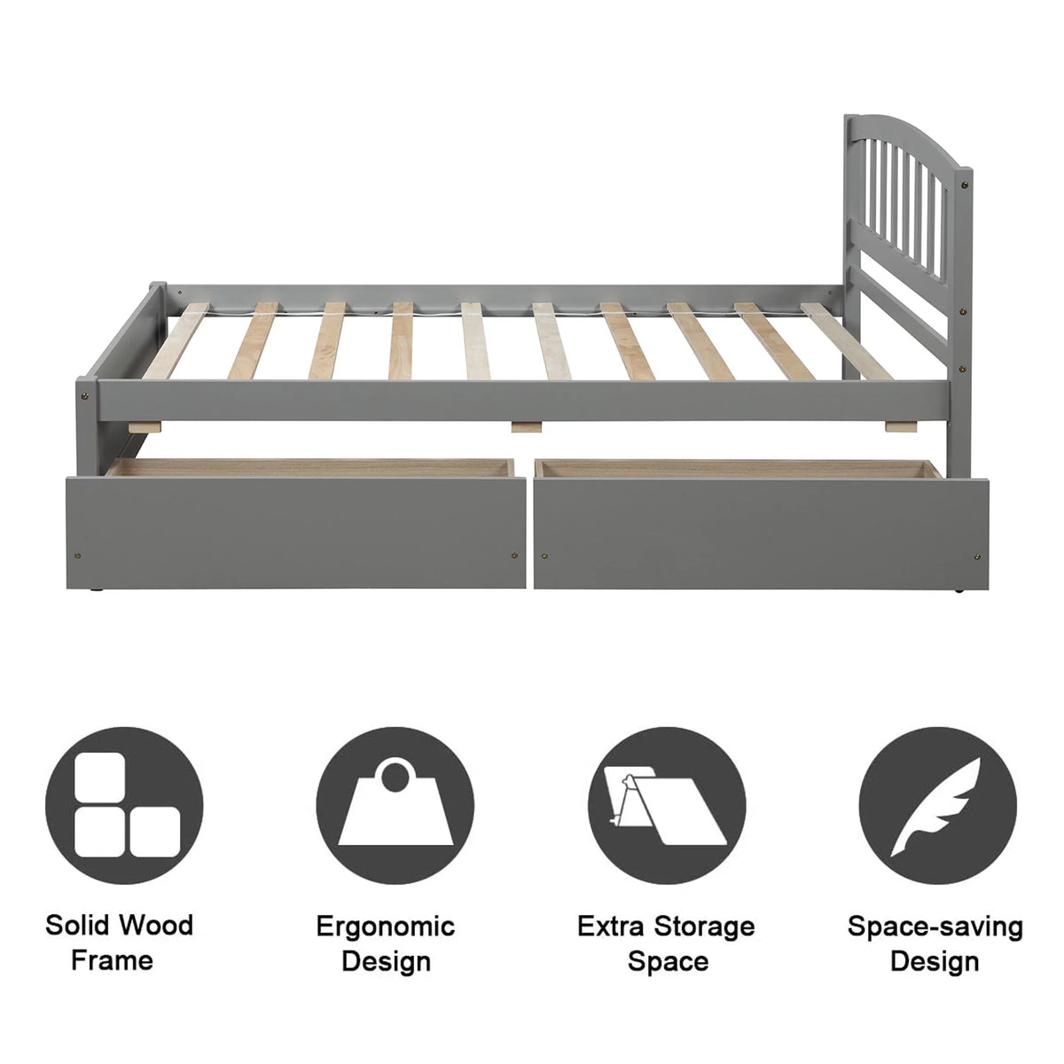 Grey Wood Twin Bed Frame with 2 Storage Drawers Y412627
