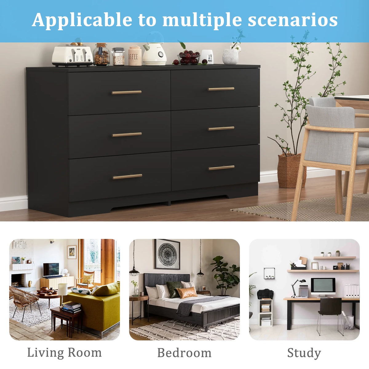 Black 6 Drawer Wood Dresser F97770