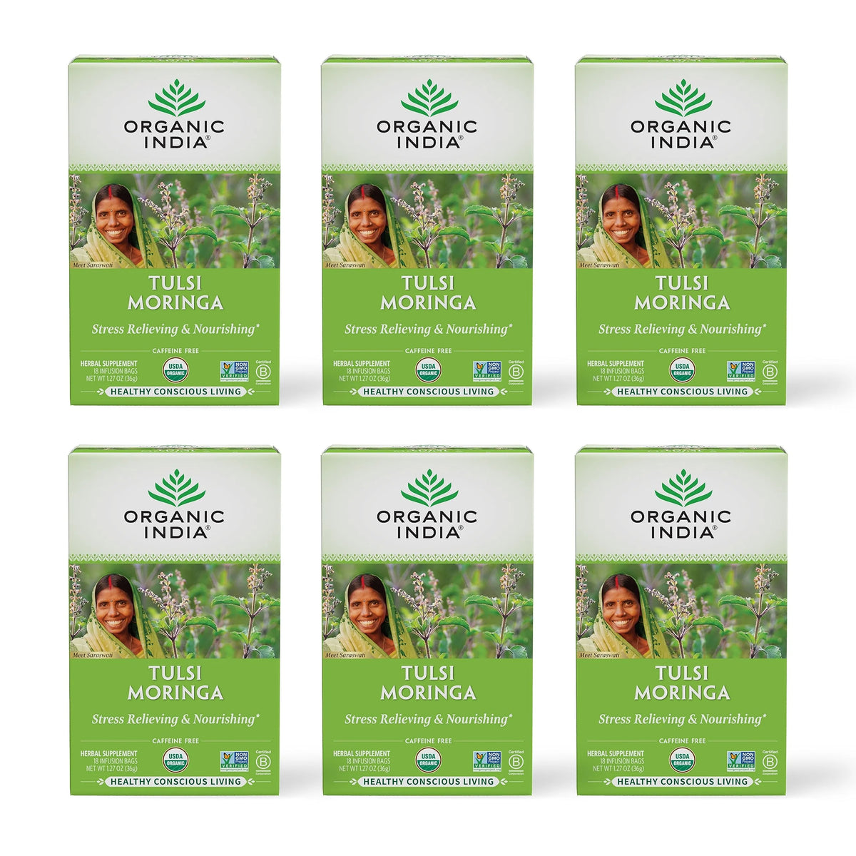 Organic Tulsi Moringa Herbal Tea, 18 Infusion Bags, 6 Pack J69040