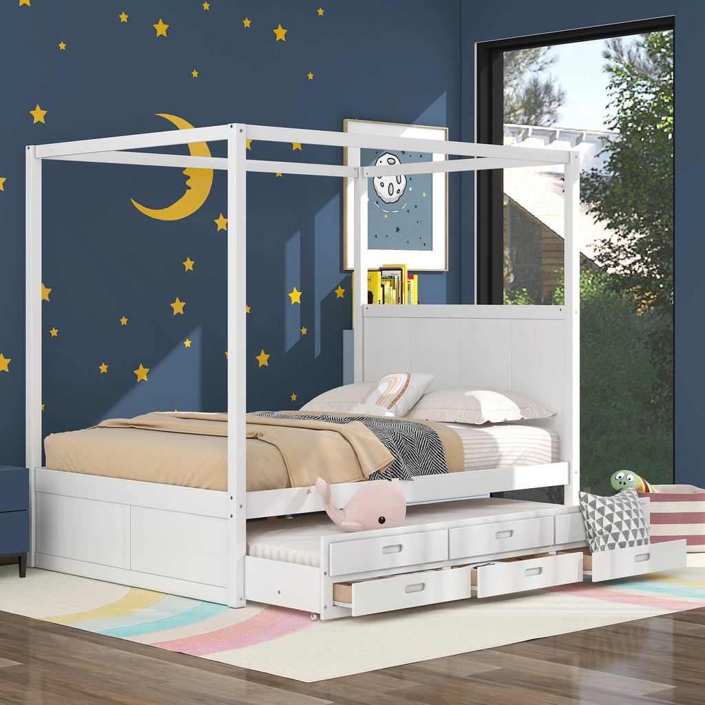 Queen Size Canopy Platform Bed with Trundle and Storage Drawers V73383