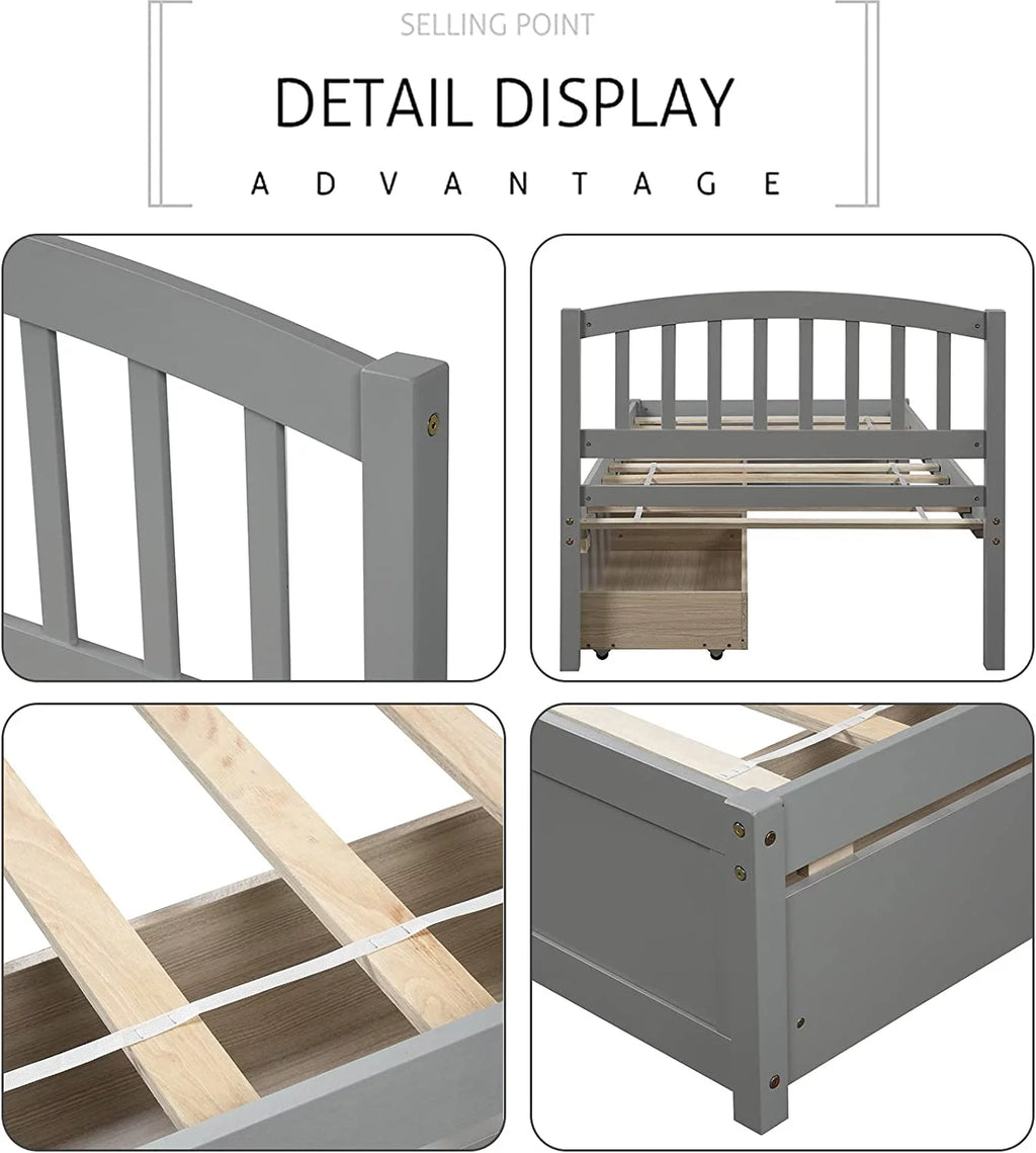 Grey Wood Twin Bed Frame with 2 Storage Drawers Y412627