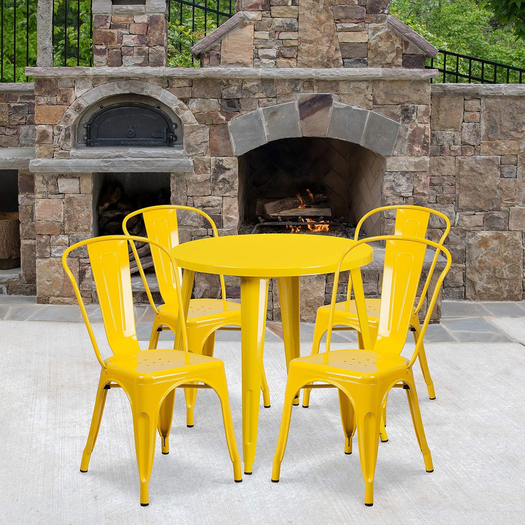 Commercial Grade 30 Round White Metal Indoor-Outdoor Table Set with 4 Cafe Chairs C3340