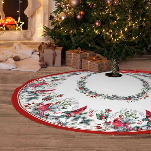 Christmas Tree Skirt 36 Inches Red Poinsettia Floral Holly Leaves White V8025