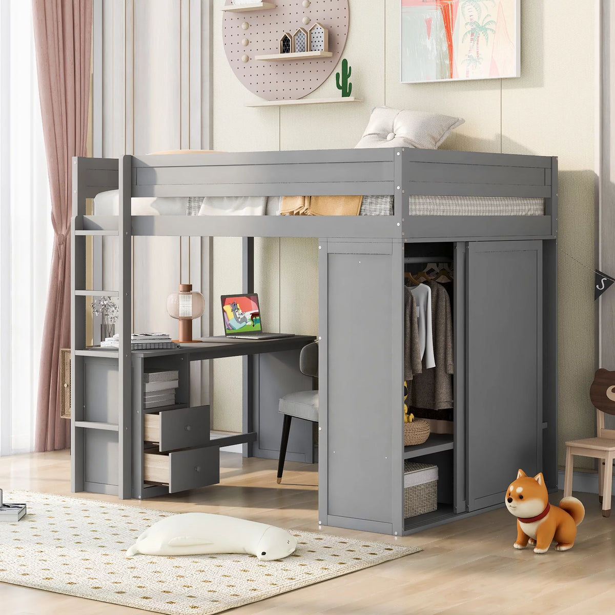 Wood Full Size Loft Bed with Wardrobes and 2-Drawer Desk with Cabinet Gray R759717