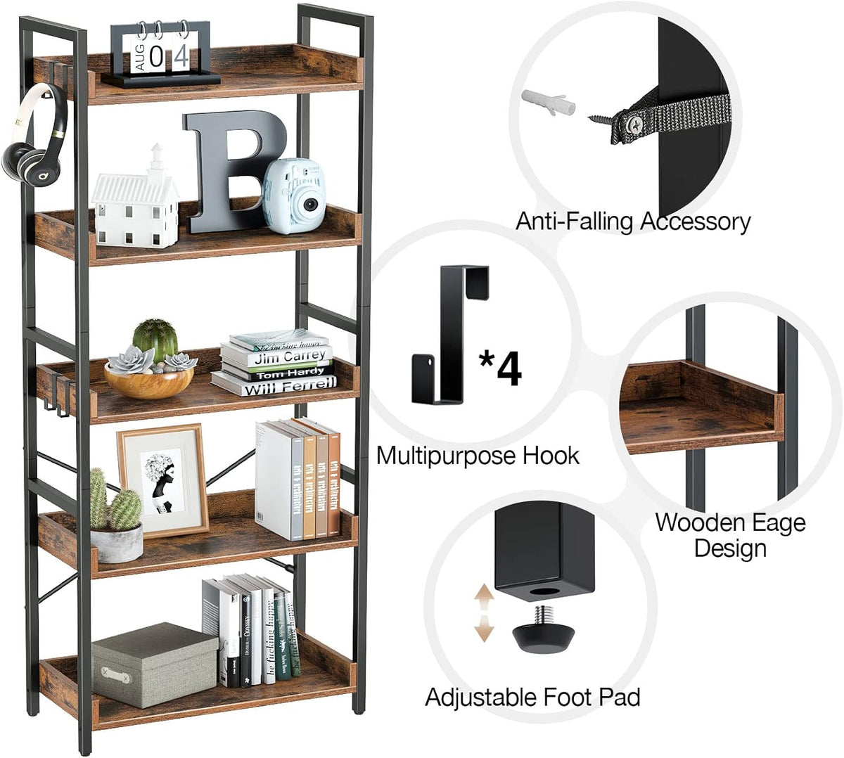 5 Tier Wood Bookshelf with 4 Hooks I763341