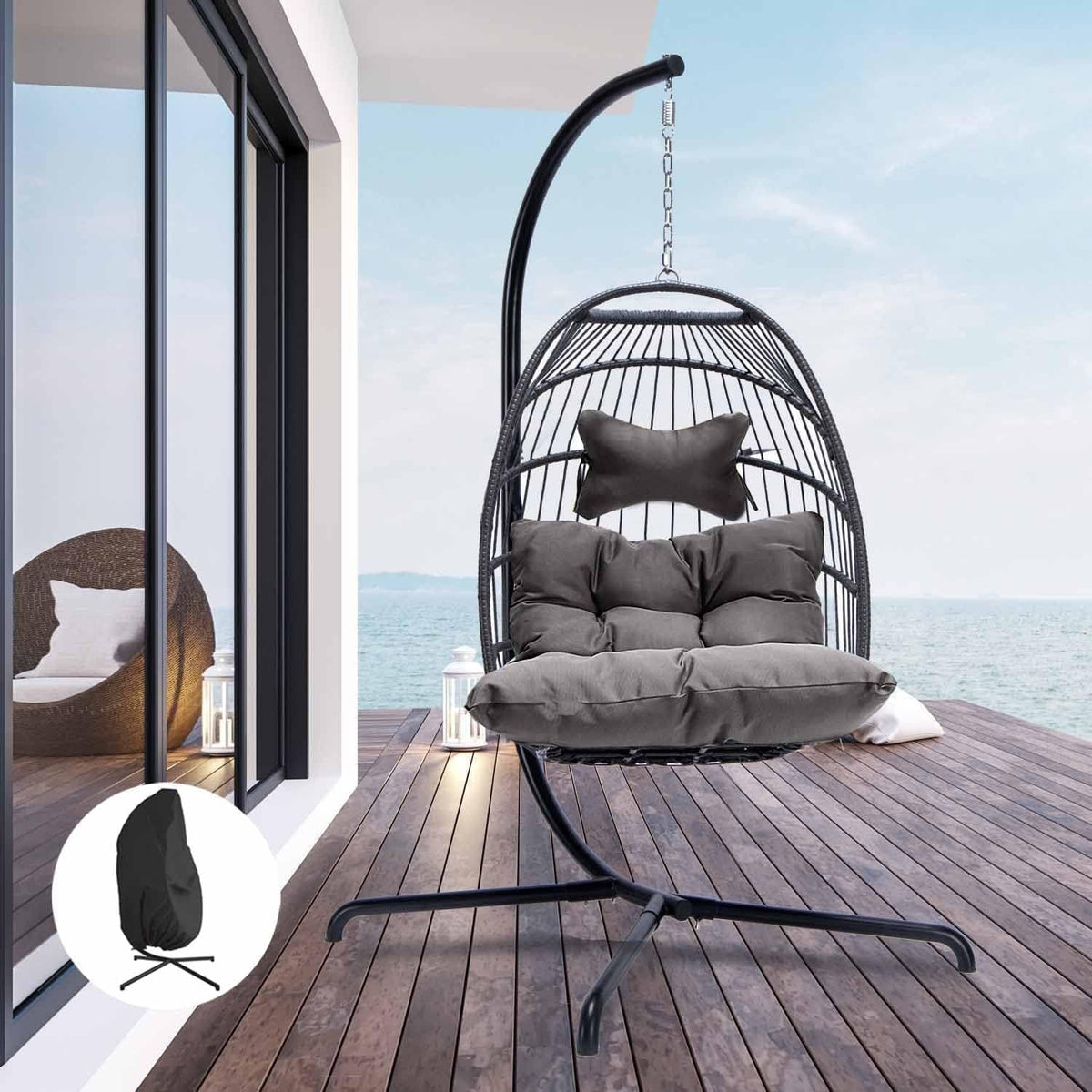Rattan Swing Egg Chair with Stand Grey 350 lbs B571748