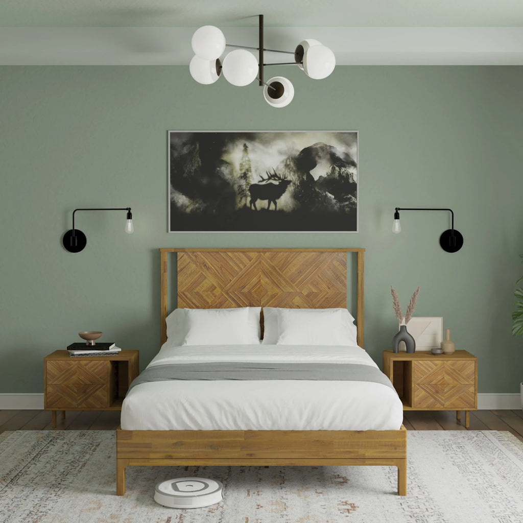 Queen Platform Bed Frame with Headboard Solid Wood Black Y19016