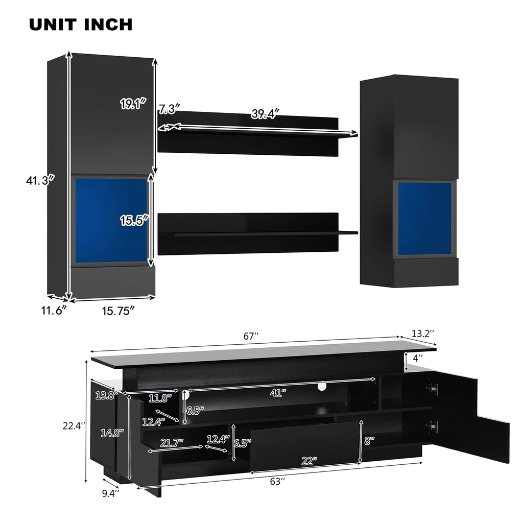 Black 5 Pieces Wall Mounted TV Stand with LED Light Strips B8714