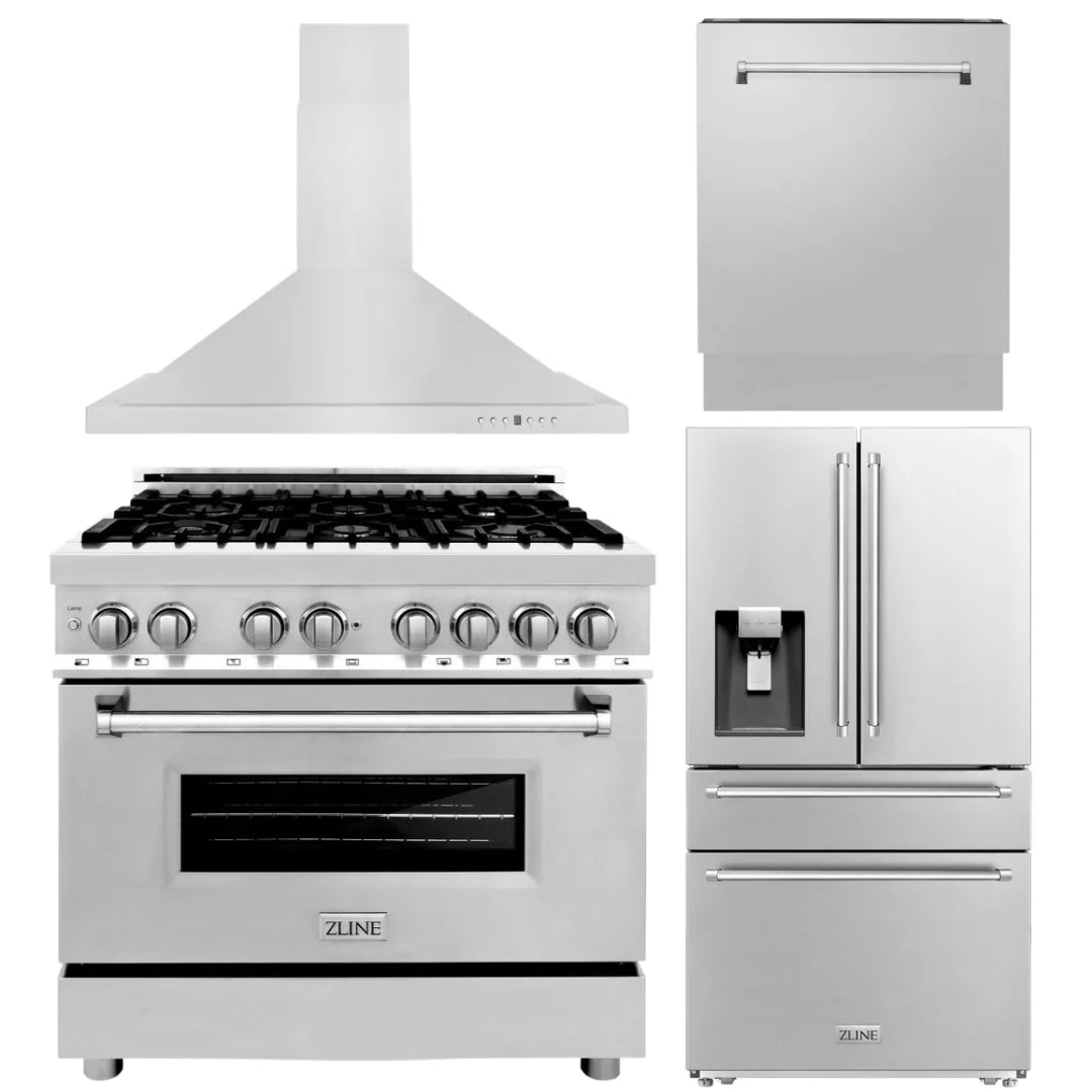 36 Dual Fuel Range, Refrigerator with Water and Ice Dispenser, Range Hood, Dishwasher H3345