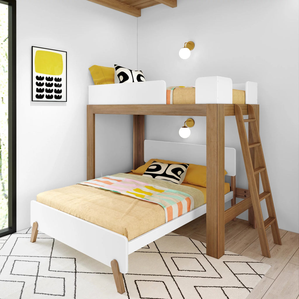 Twin over Full L-Shaped Bunk Bed White Pecan Solid Wood D121