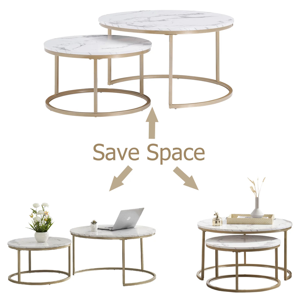 White Faux Marble Top Round Nesting Coffee Table Set M8633