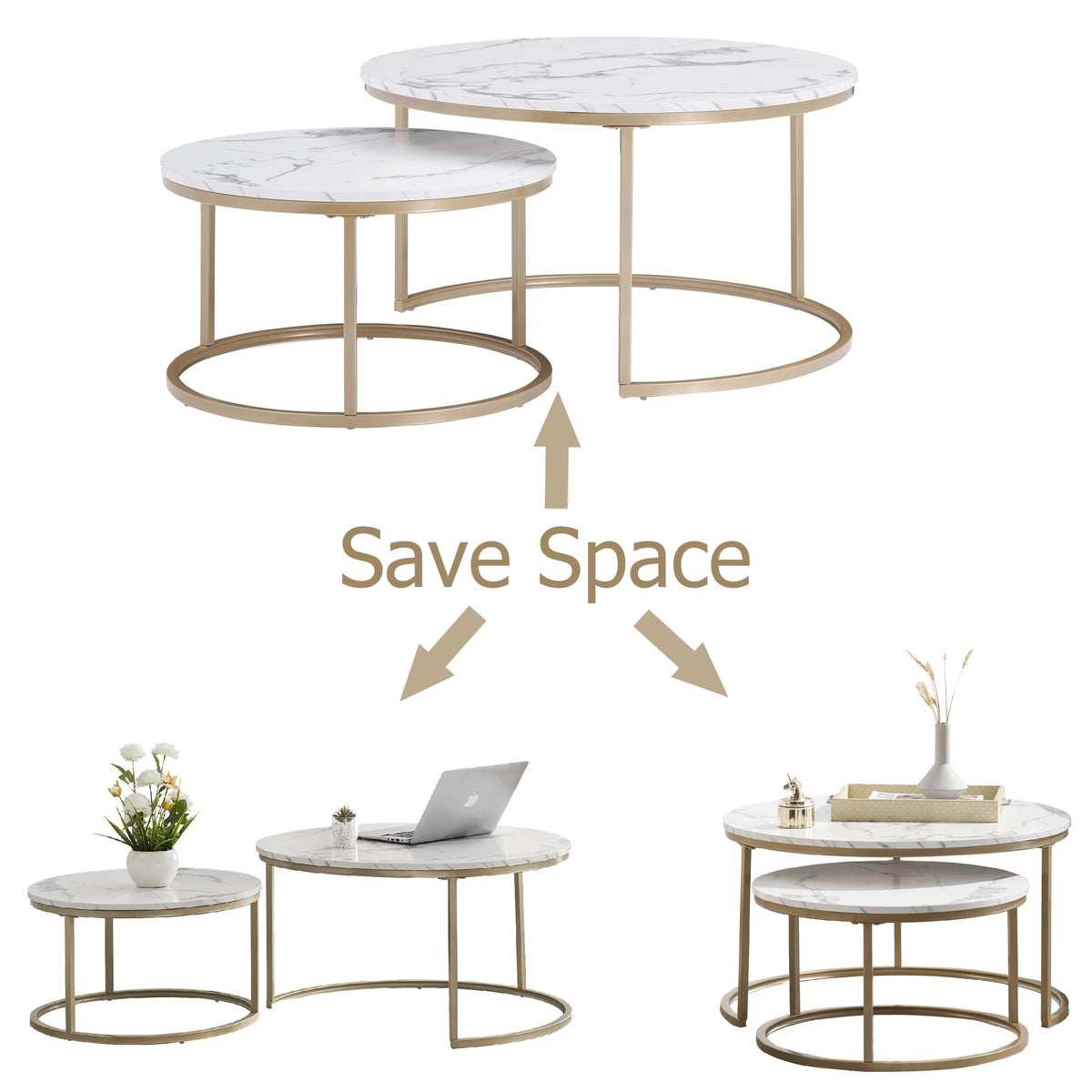 White Faux Marble Top Round Nesting Coffee Table Set M8633