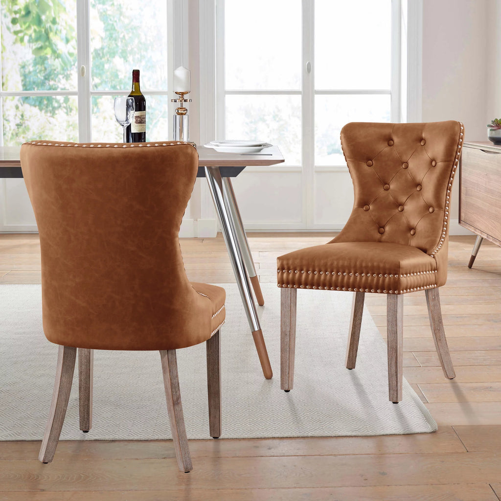 Brown PU Leather Dining Chairs with Wood Legs Set of 2 A911862