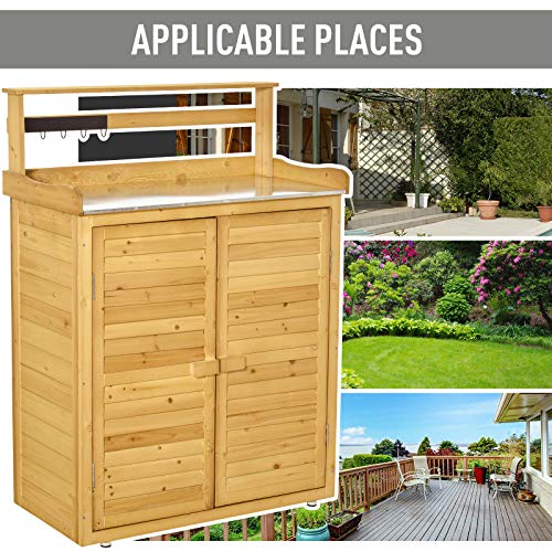 Wooden Potting Bench Table with 3-Tier Shelves and Cabinet Q7453