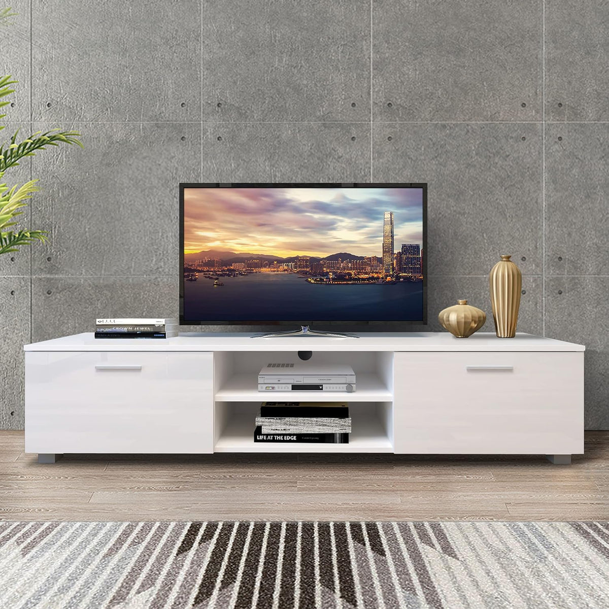 White and Black TV Stand with LED Lights and Storage Cabinet Y344