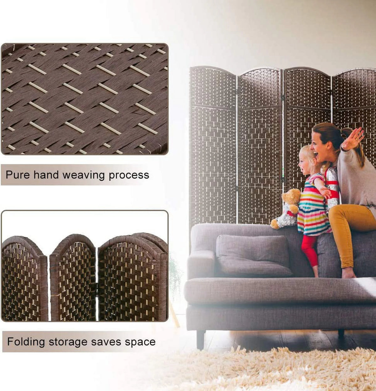 Brown 4 Panel Wood Room Divider Screen D525