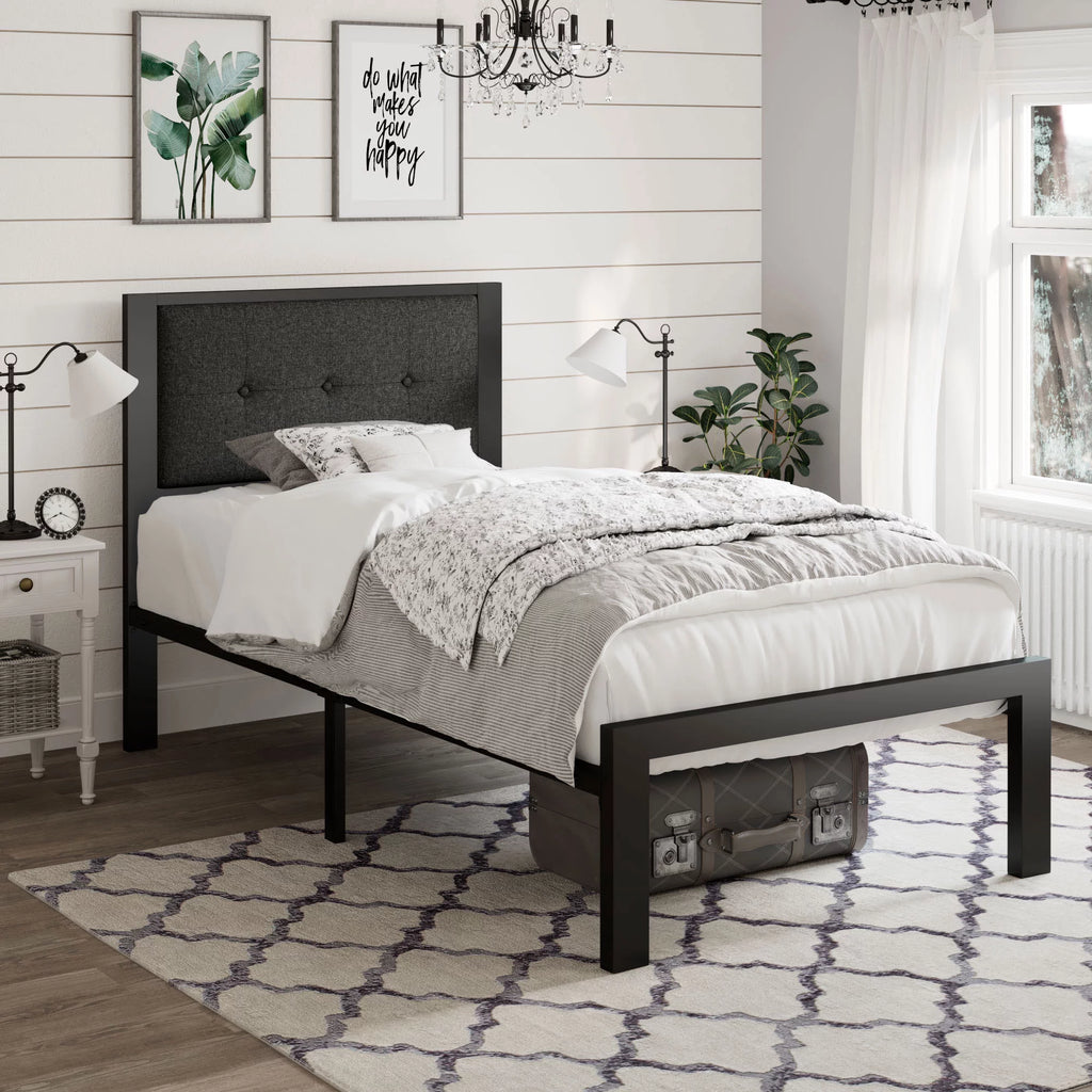 Twin Size Dark Grey Metal Platform Bed with Upholstered Headboard H718999