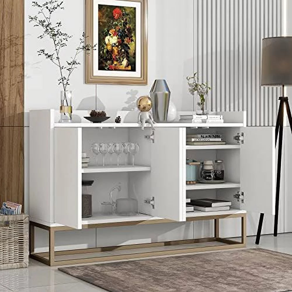 Modern Sideboard Buffet Cabinet with 4 Doors Adjustable Shelves Metal Legs White M589665