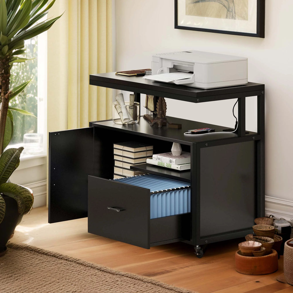Wood File Cabinet with Charging Station and Printer Shelf O565