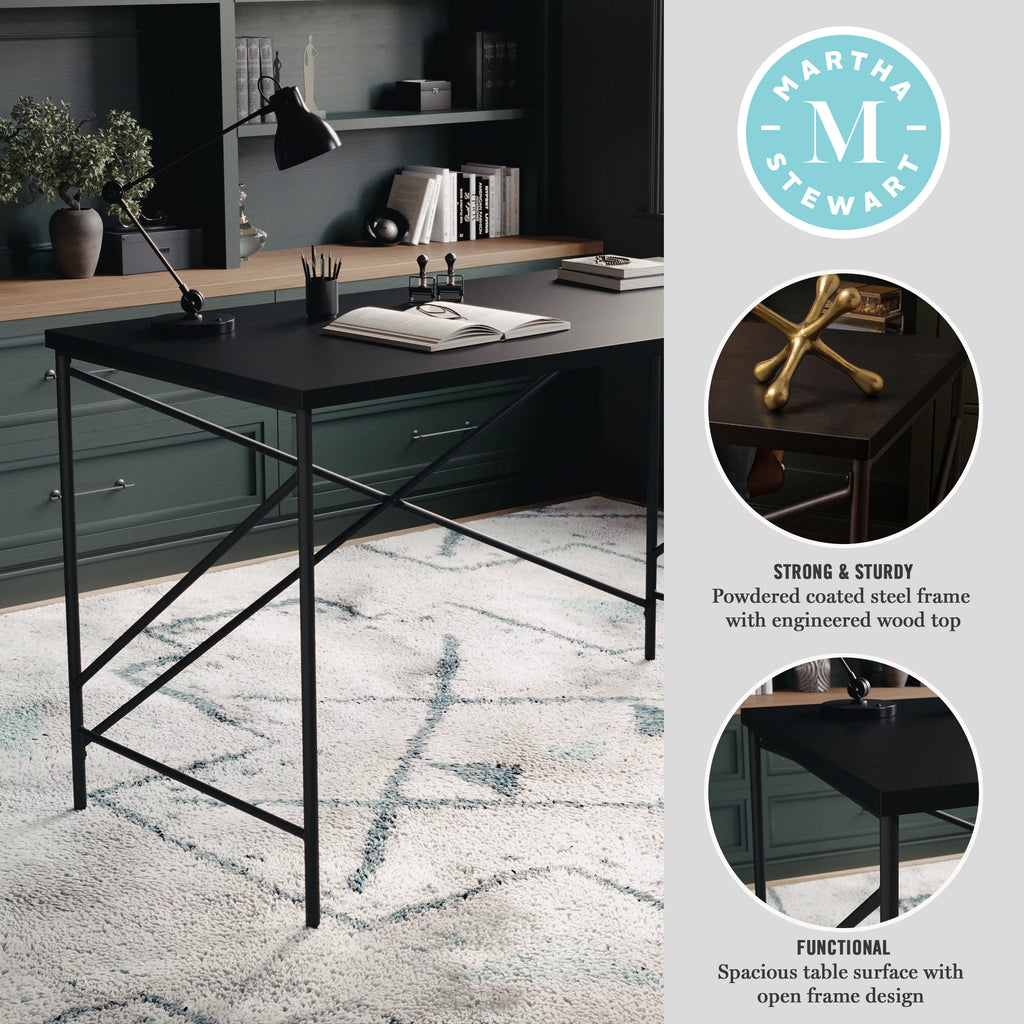 Black Wood Grain Parsons Desk with Metal X-Frame B7701