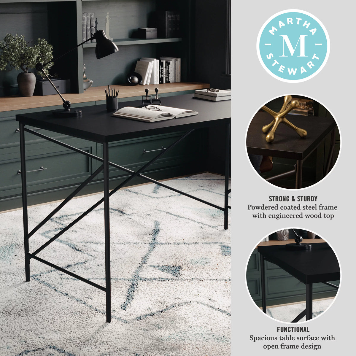 Black Wood Grain Parsons Desk with Metal X-Frame B7701