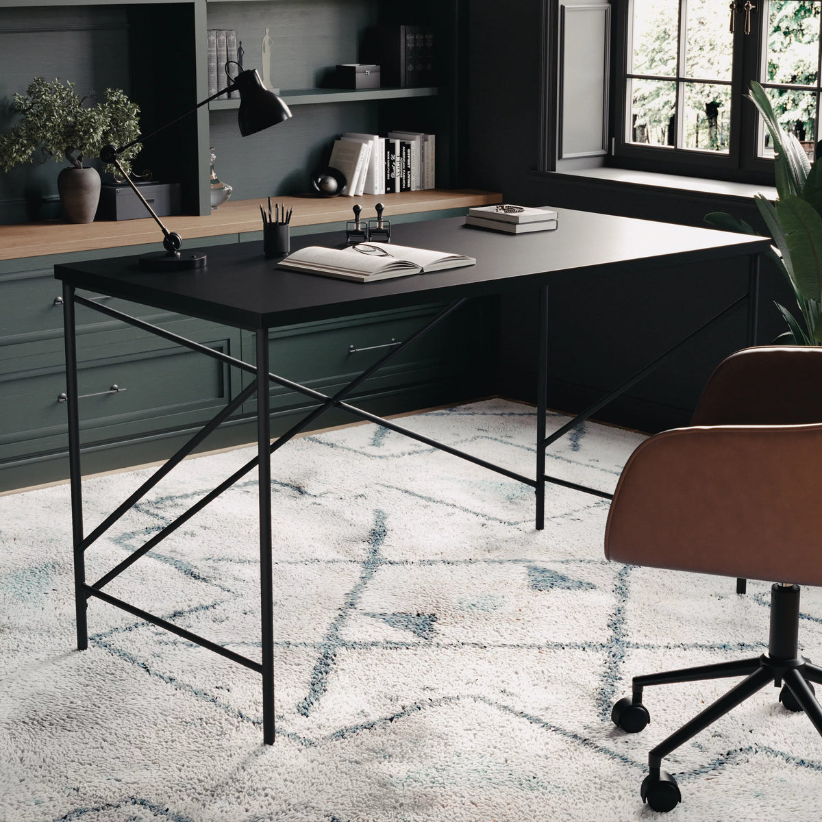 Black Wood Grain Parsons Desk with Metal X-Frame B7701