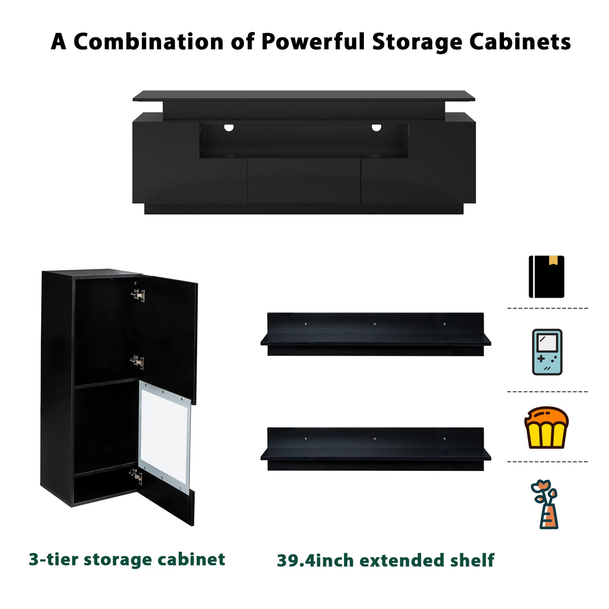 Black 5 Pieces Wall Mounted TV Stand with LED Light Strips B8714