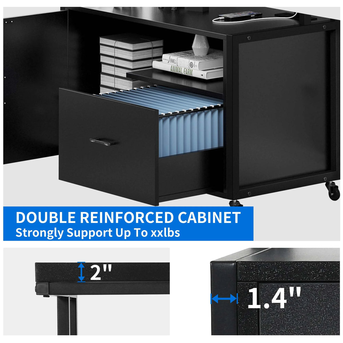 Wood File Cabinet with Charging Station and Printer Shelf O565