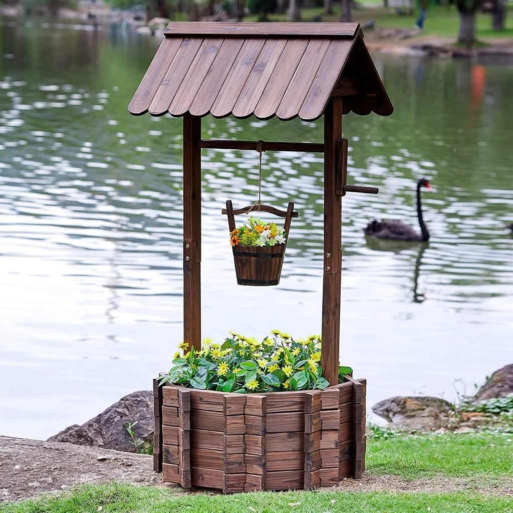 Wooden Wishing Well with Hanging Bucket N69334