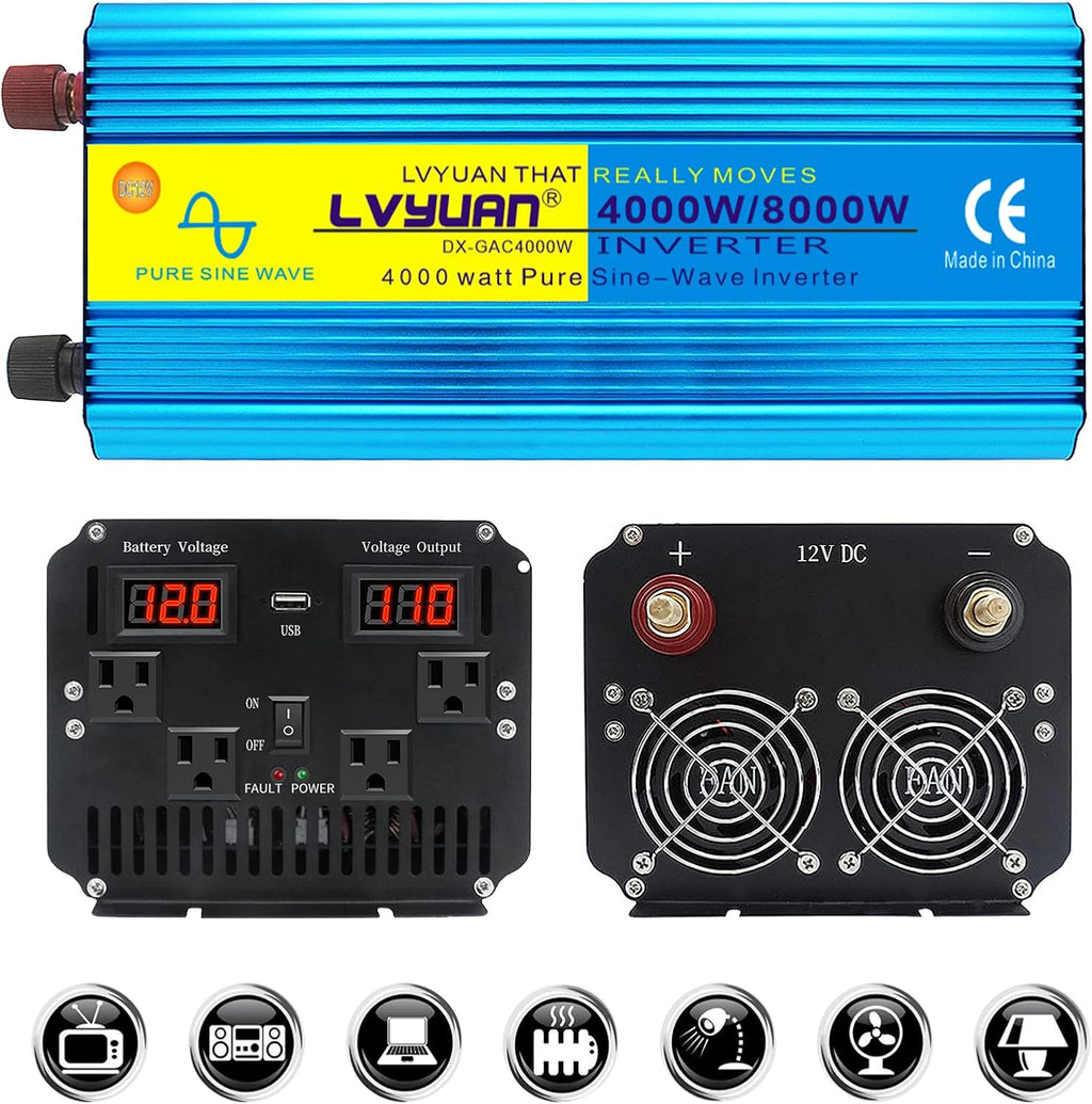 2500W Pure Sine Wave Power Inverter 12V to 110V AC with 4 Outlets 1 USB Port D25286