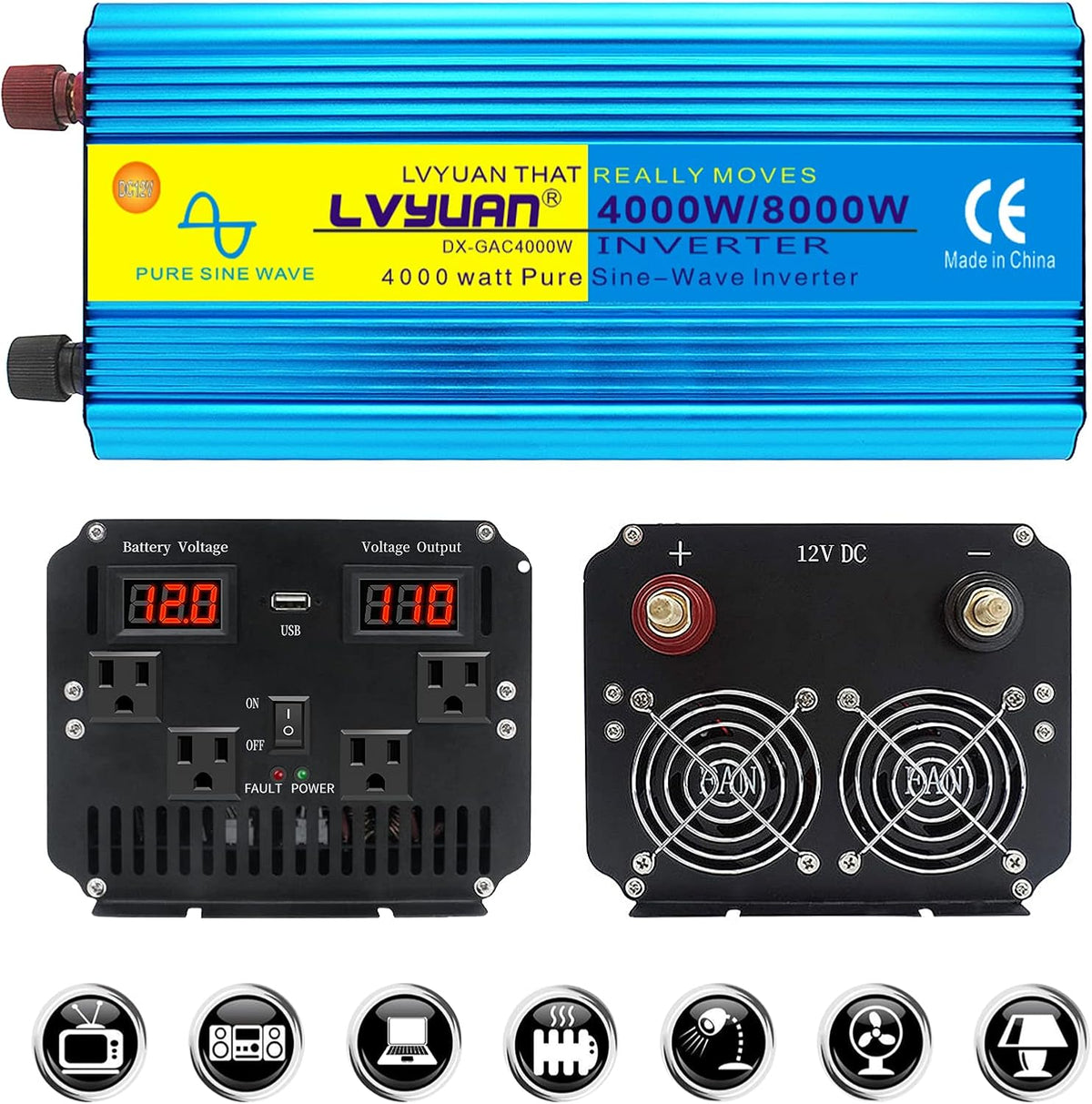 2500W Pure Sine Wave Power Inverter 12V to 110V AC with 4 Outlets 1 USB Port D25286