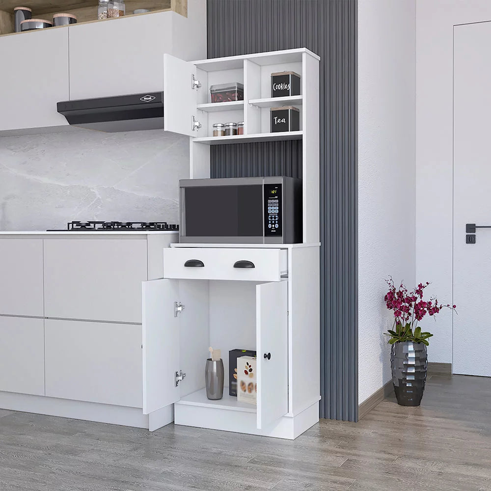 White Microwave Storage Stand with 3 Doors and Drawer A374380