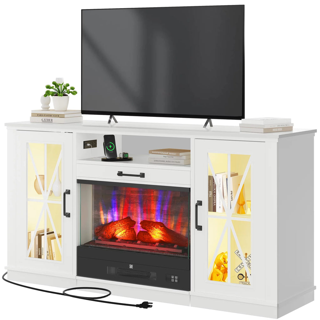 60 Inch White Entertainment Console with Slidable Fireplace and Storage Compartments A5765