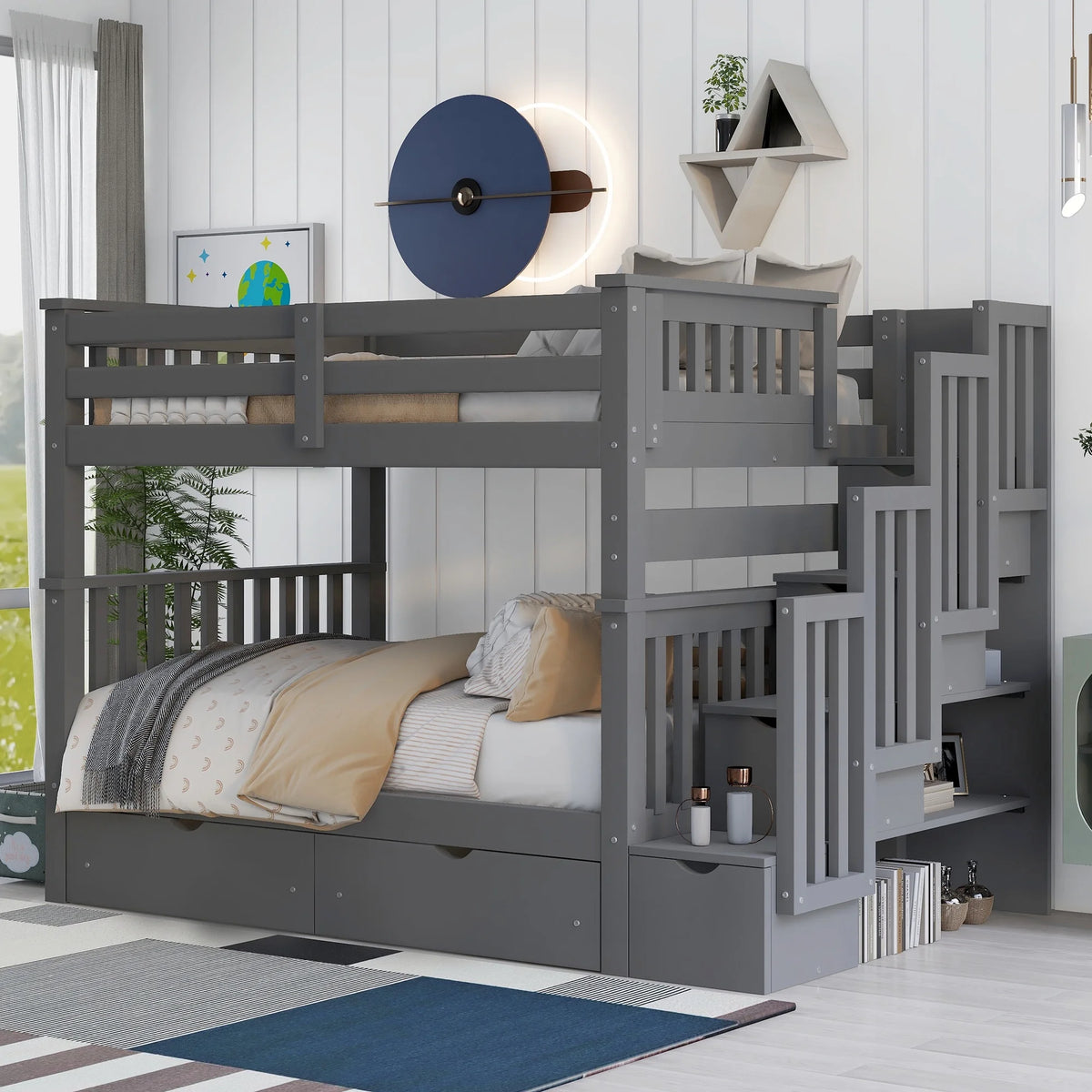 Full over Full Wood Bunk Bed with 6 Storage Drawers and Shelves I67833