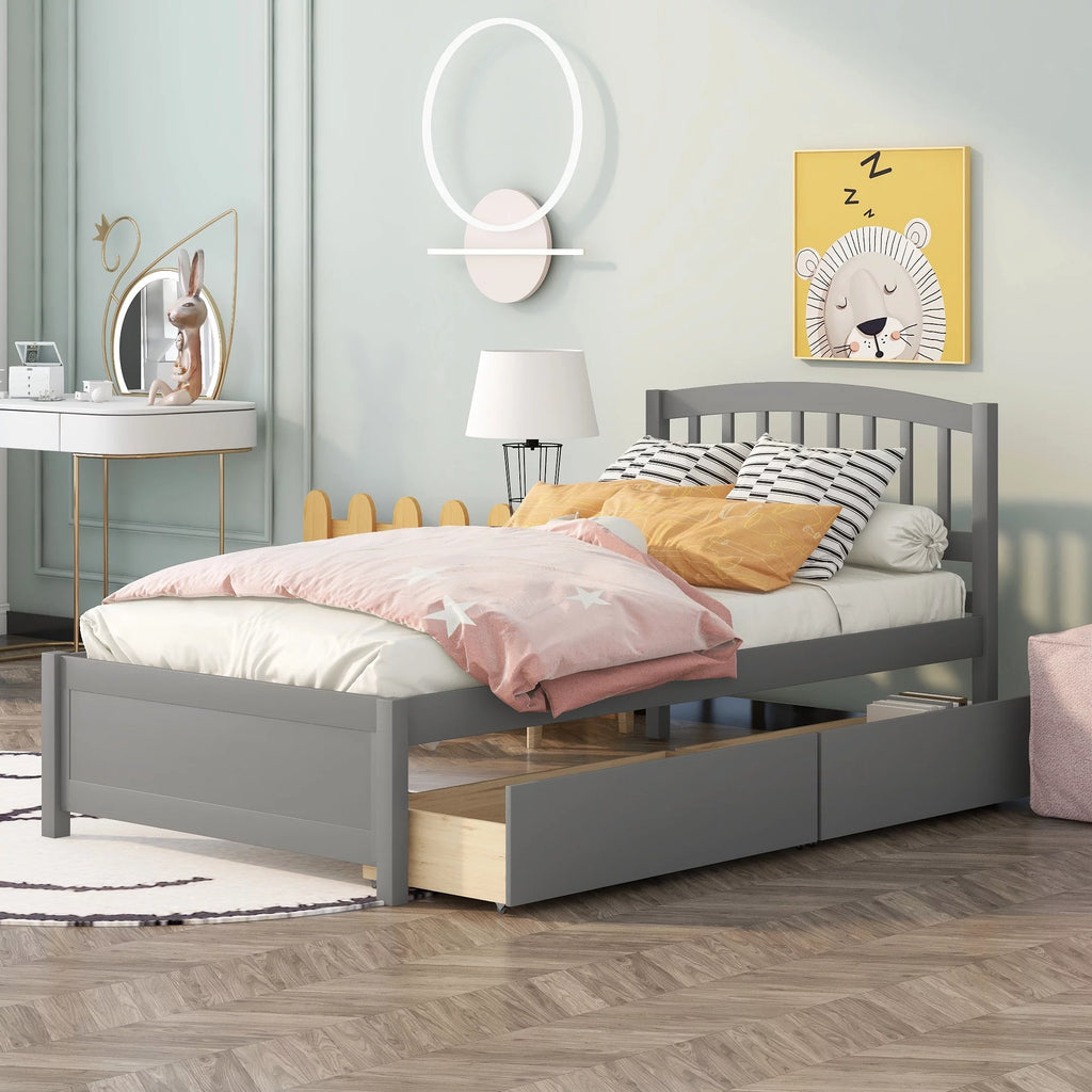 Grey Wood Twin Bed Frame with 2 Storage Drawers Y412627