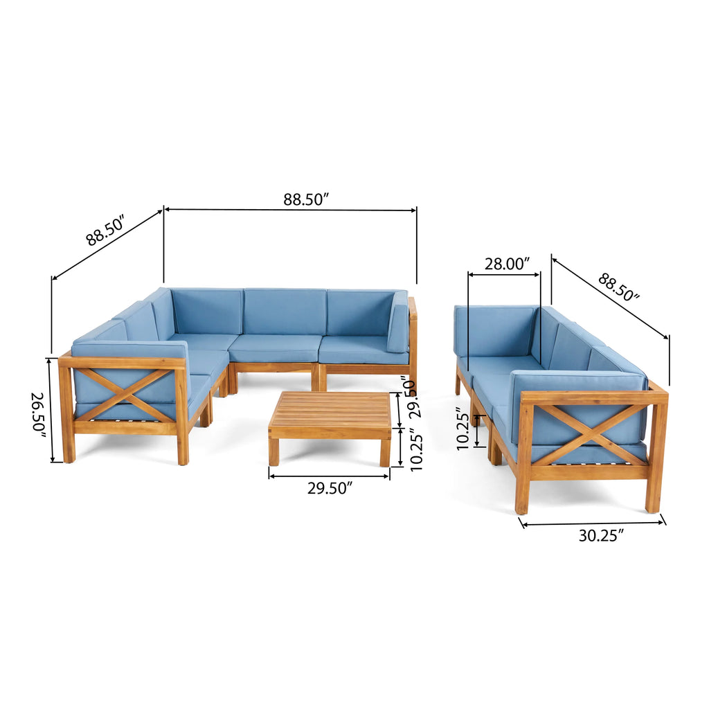 Teak Blue 8 Seater Wood Sectional Sofa Set with Coffee Table A583099