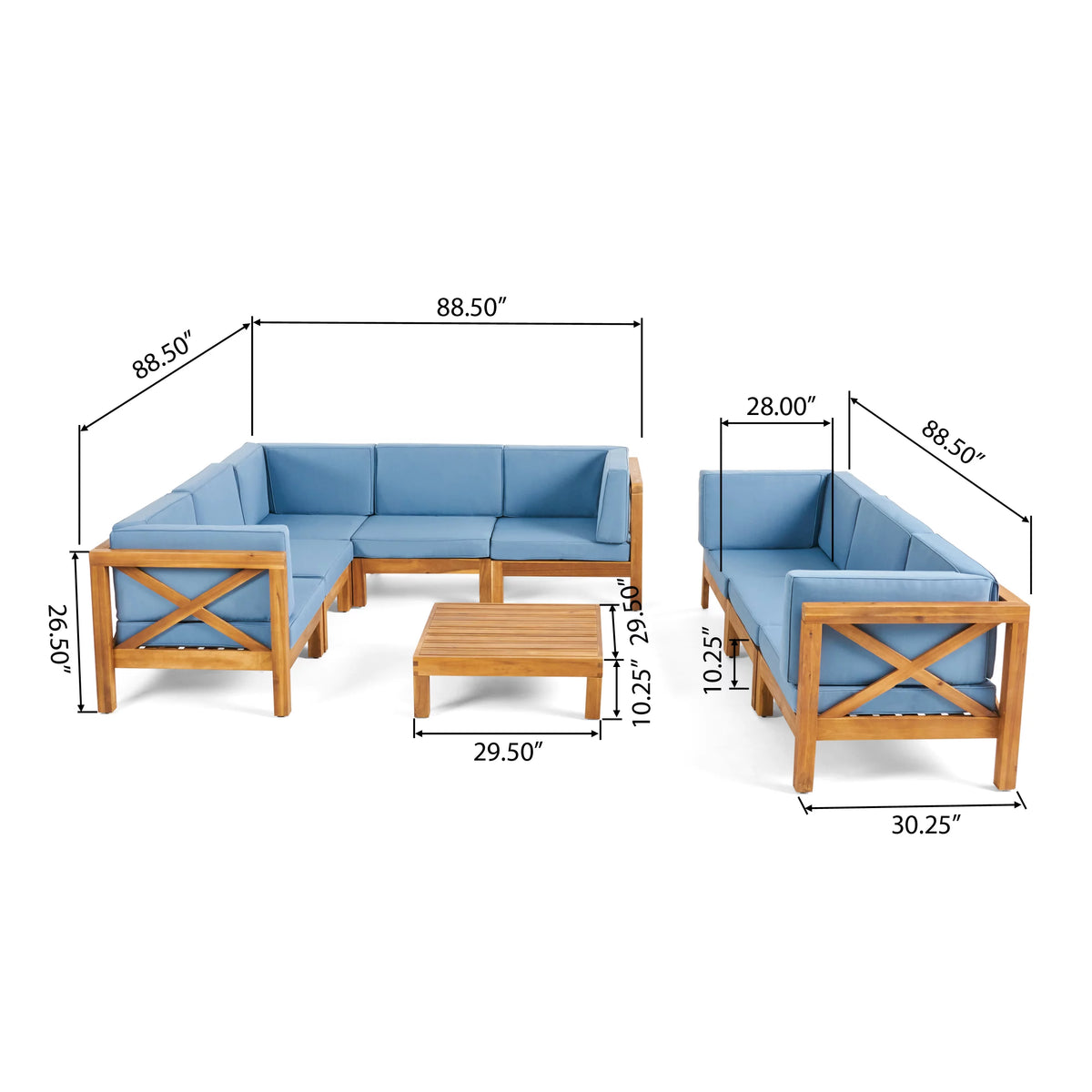 Teak Blue 8 Seater Wood Sectional Sofa Set with Coffee Table A583099