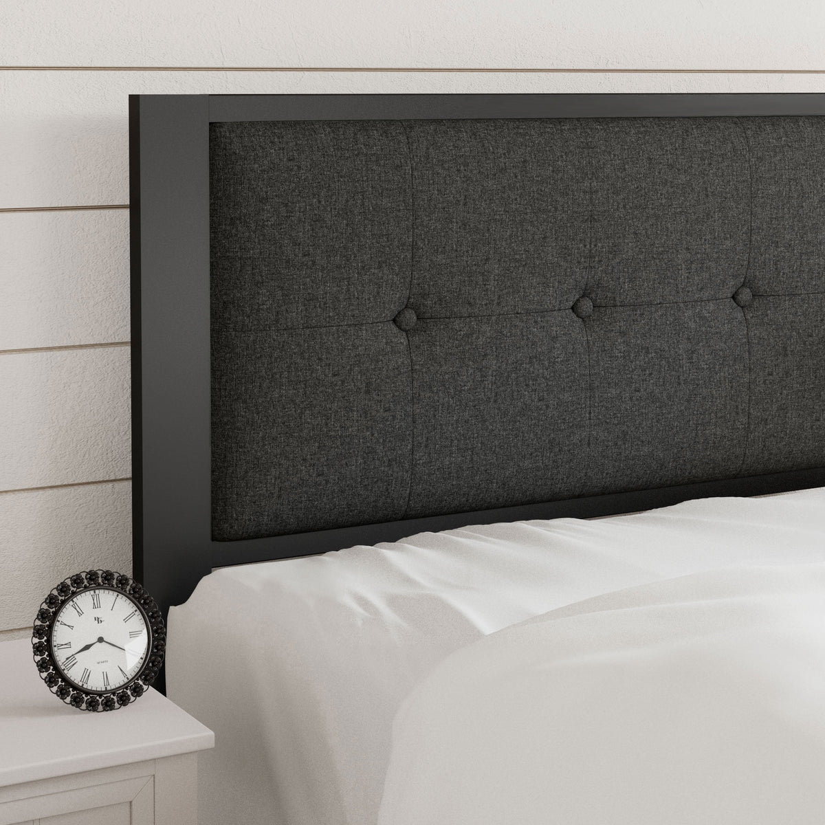 Twin Size Dark Grey Metal Platform Bed with Upholstered Headboard H718999