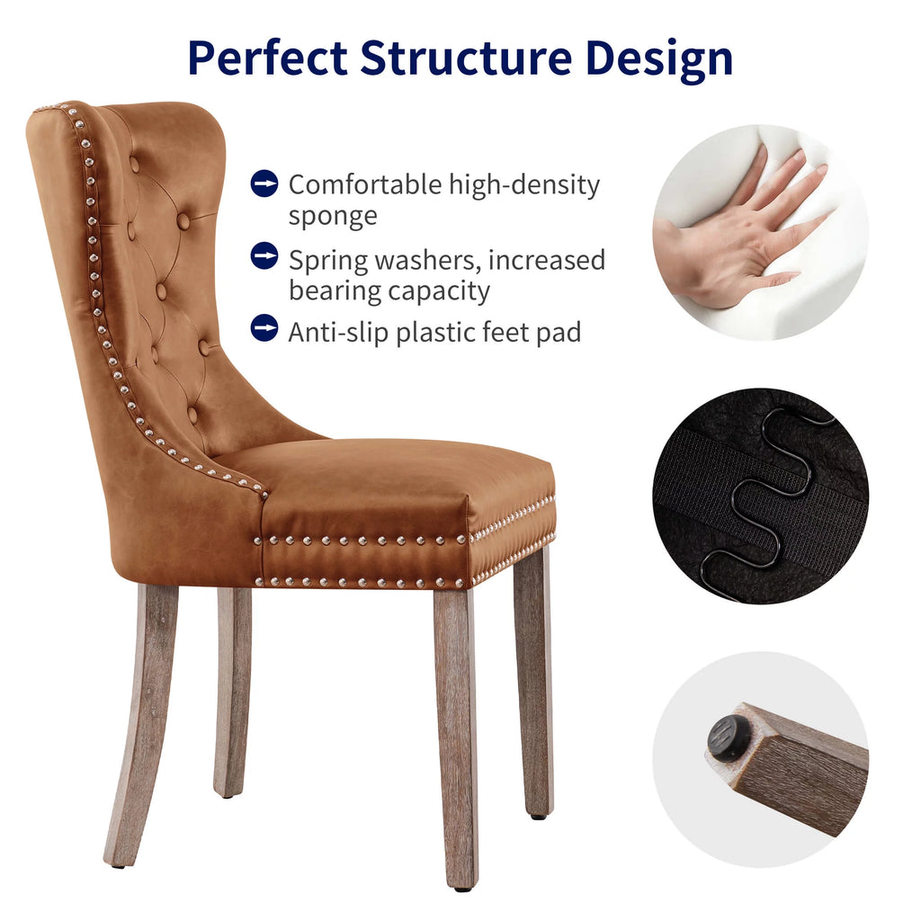 Brown PU Leather Dining Chairs with Wood Legs Set of 2 A911862