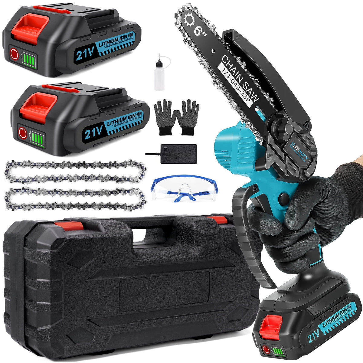 Mini Cordless Chainsaw, 6-Inch Battery Powered with 2 Batteries 2 Chains V7709