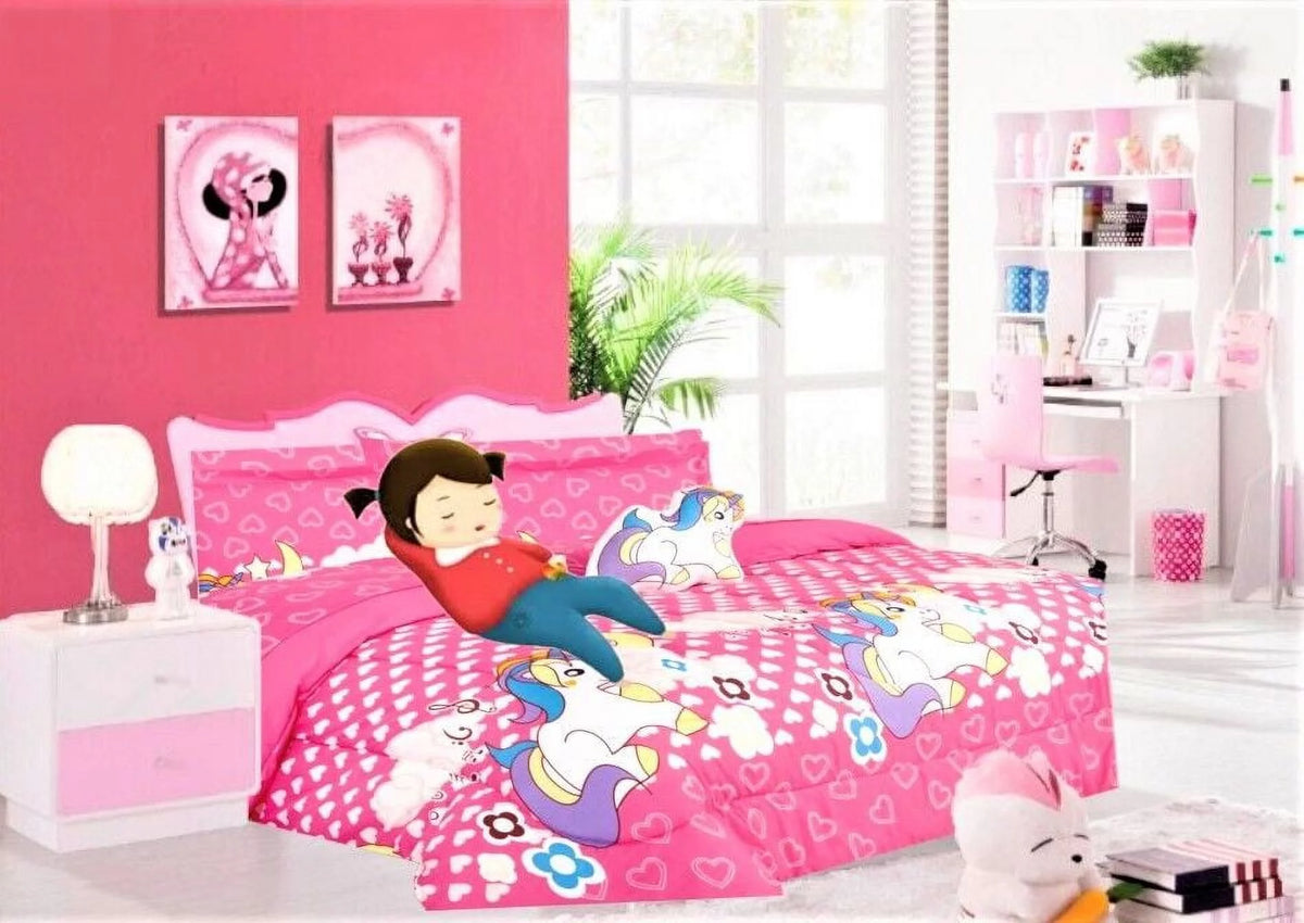 Pink Unicorn Print 6 Piece Twin Size Bed in Bag P263