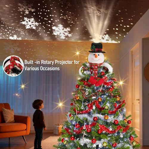 Lighted Snowman Hat Tree Topper with Rotating LED Snowflake Projection F5063