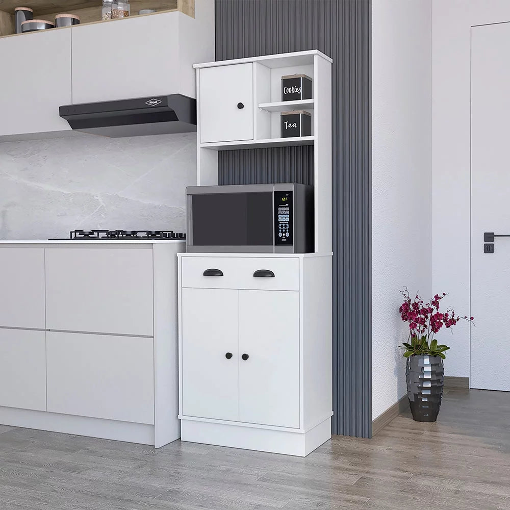 White Microwave Storage Stand with 3 Doors and Drawer A374380