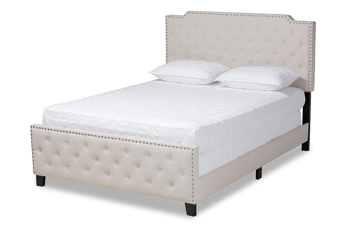 Beige Fabric Upholstered Button Tufted King Size Panel Bed E764
