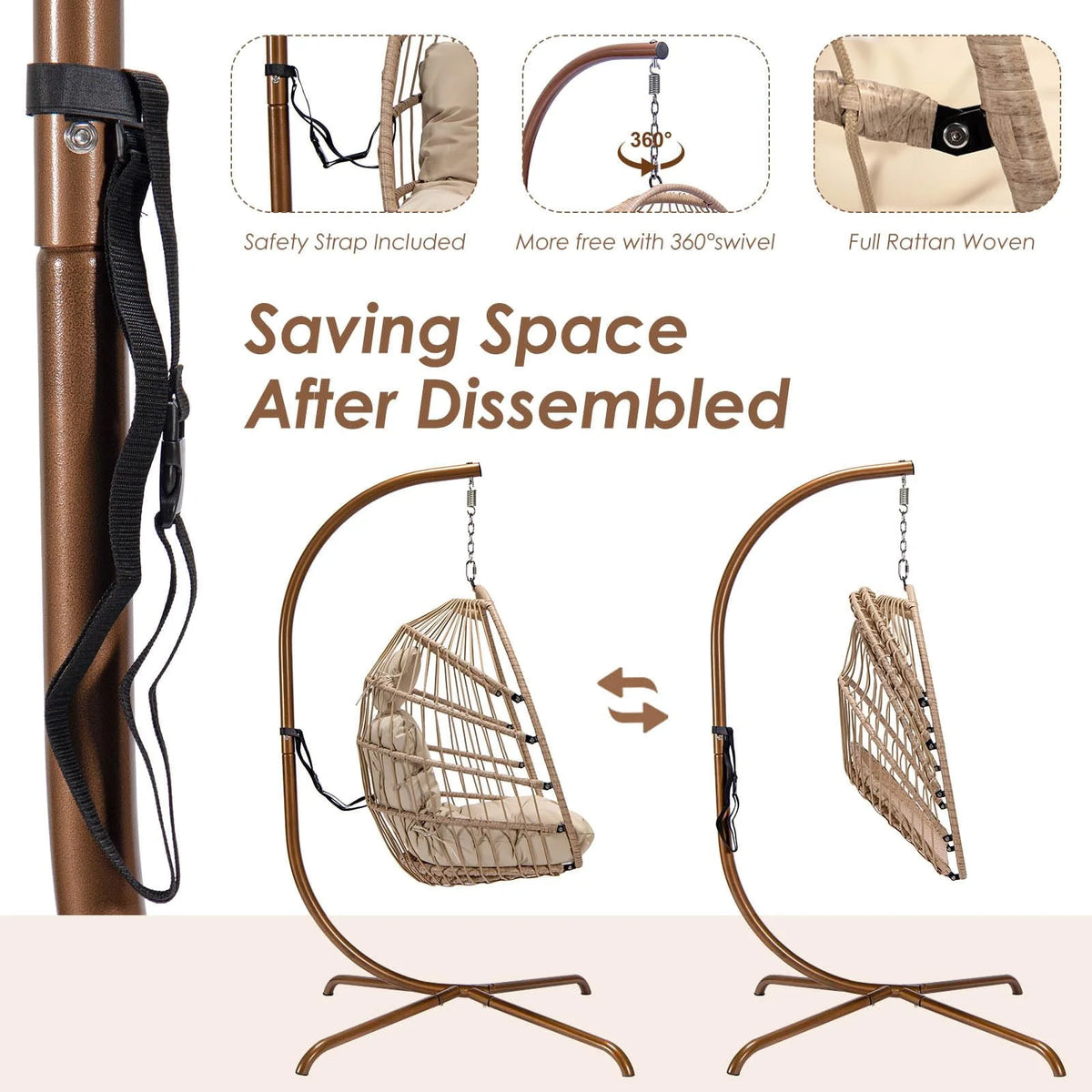 Rattan Swing Egg Chair with Stand Grey 350 lbs B571748