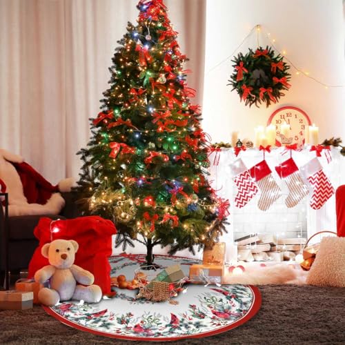 Christmas Tree Skirt 36 Inches Red Poinsettia Floral Holly Leaves White V8025