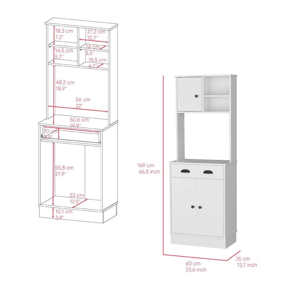 White Microwave Storage Stand with 3 Doors and Drawer A374380