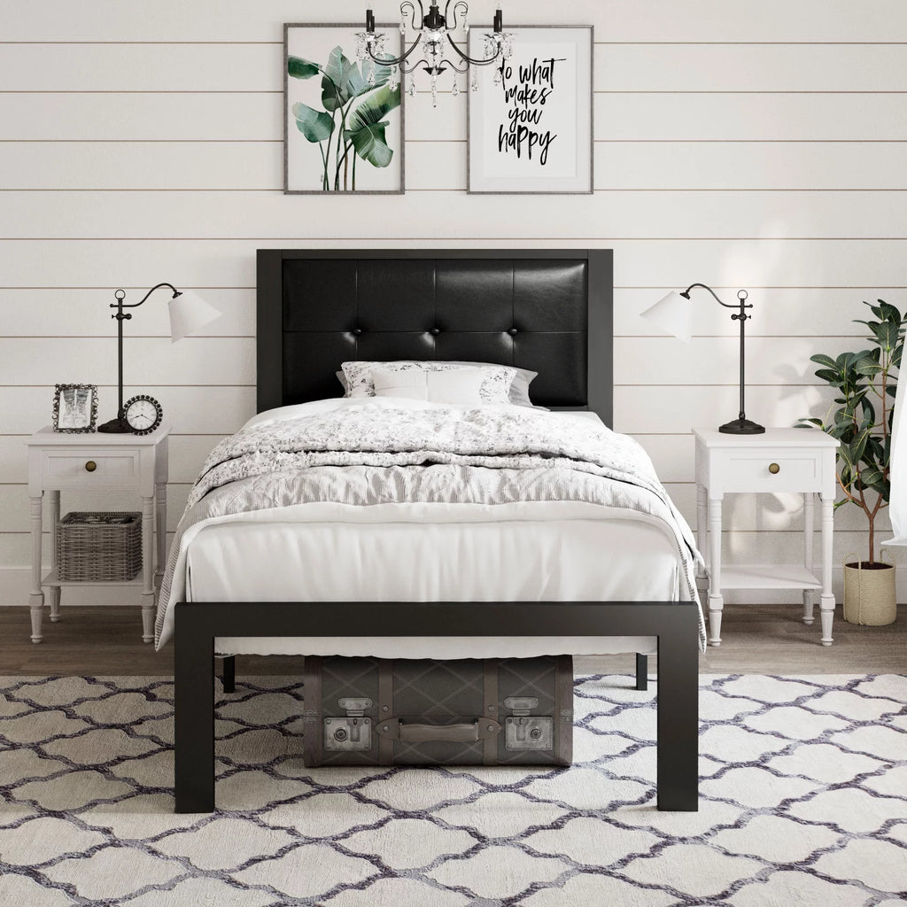 Twin Size Dark Grey Metal Platform Bed with Upholstered Headboard H718999