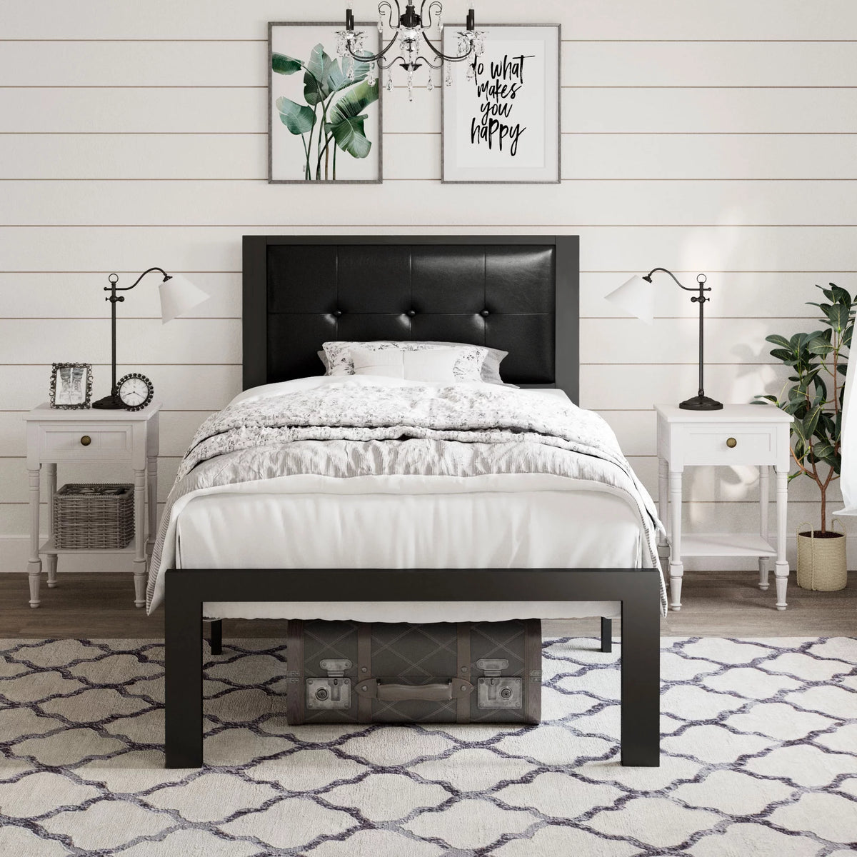 Twin Size Dark Grey Metal Platform Bed with Upholstered Headboard H718999