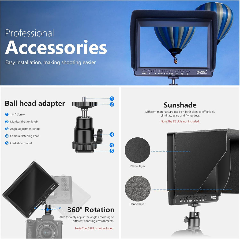 7inch Camera Field Monitor HD IPS 1280x800 4K HDMI with Sunshade and Ball Head B368